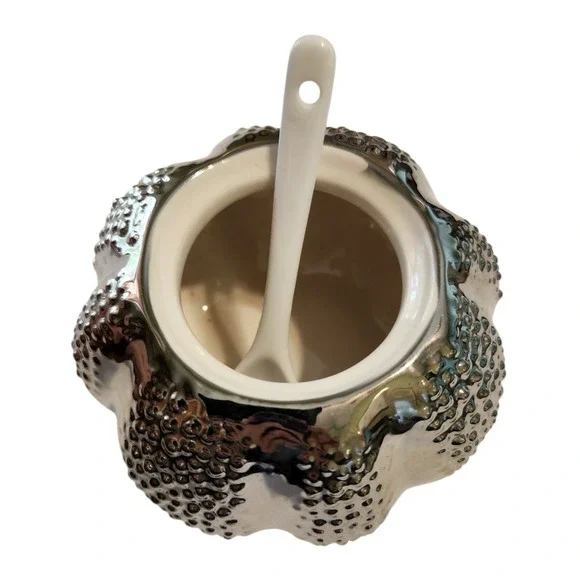 Williams Sonoma Silver Ceramic Sea Urchin Sugar Bowl with Lid and Spoon Coastal - Picture 2 of 5
